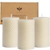 Set of 3 Handmade Beeswax Pillar Candles – Pure Rolled Beeswax Candles for Gifts & Home Decor (2×3.4 in, White)