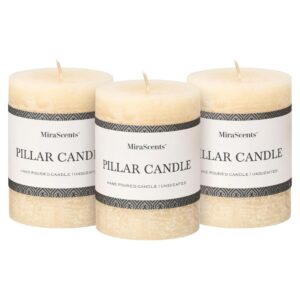 Set of 3 Ivory Pillar Candles (3×4 Inch) – Hand-Poured Unscented, Long-Lasting Smokeless Dripless Candles for Dinner, Weddings, Home, Bathroom, and Rustic Decor